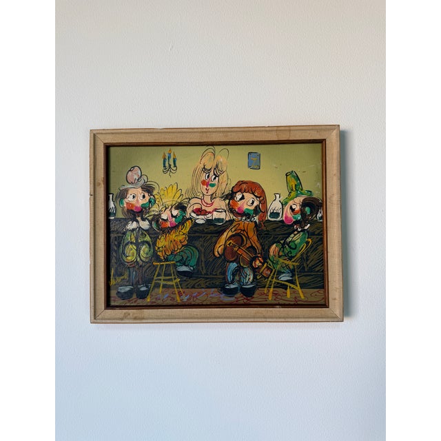 Vibrant vintage oil painting on canvas featuring a lively and whimsical bar scene with expressive, cartoon-like figures...