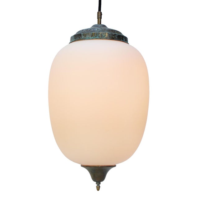 White Aged Brass and White Mat Opaline Glass Pendant Light For Sale - Image 8 of 9