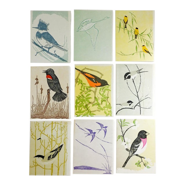Original Bird Block Print Cards Set of 9 Chairish