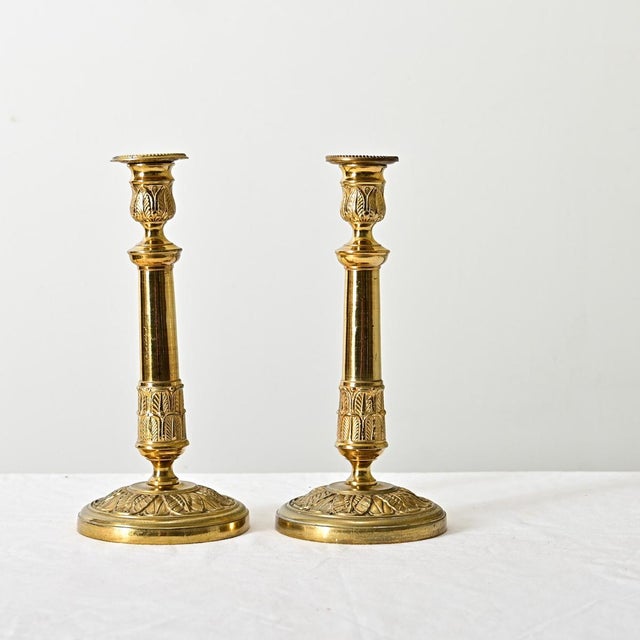 French 19th century brass candlesticks, Empire in taste, like miniature columns to add instant glamor to a mantel or...