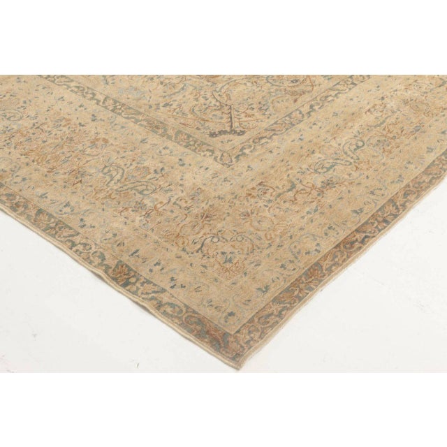 Antique Persian Kirman Orange, Beige and Blue Hand Knotted Wool Rug For Sale - Image 4 of 8