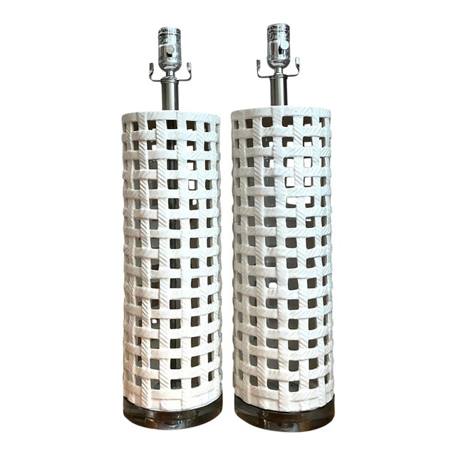 Vintage Lattice Ceramic and Chrome Lamps - Pair For Sale