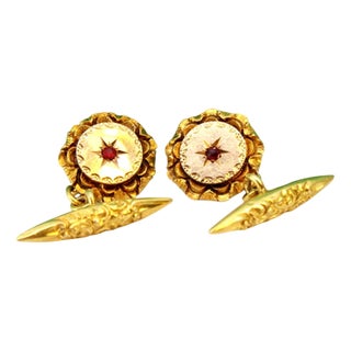 Gold Cufflinks with Reliefs and Red Stone, Set of 2 For Sale