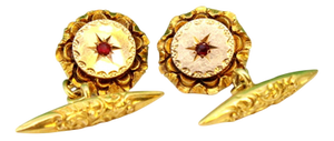 Gold Cufflinks with Reliefs and Red Stone, Set of 2
