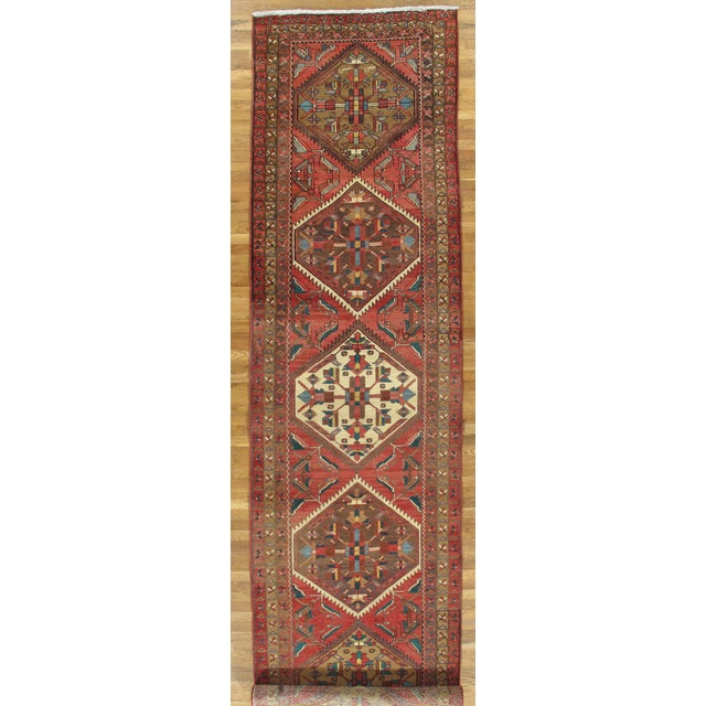 Early 20th Century Antique Heriz Northwest Persian Runner, Handmade Rug Navy Light Blue, Rust Ivory For Sale - Image 5 of 5