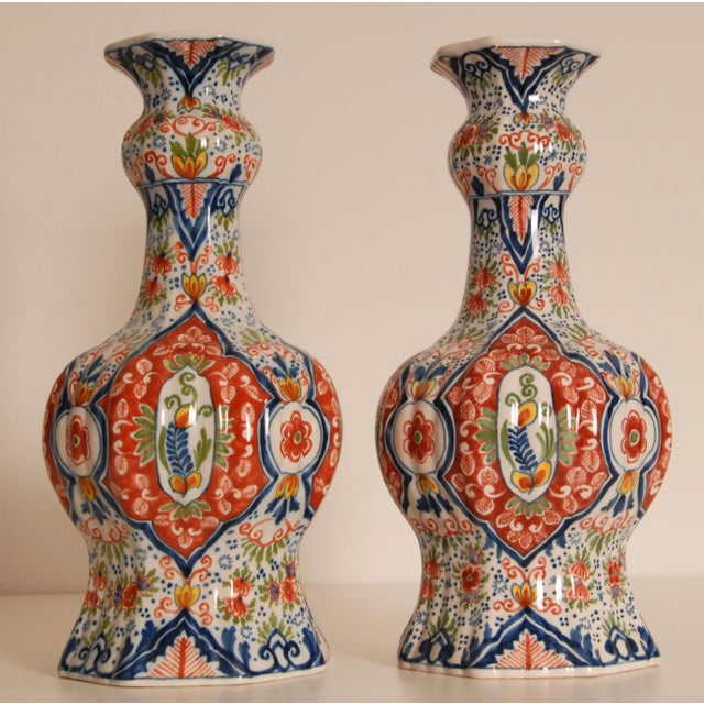 Chinoiserie Delft Vases Polychrome Knob Vases Vintage Delftware Ceramic a Pair For Sale - Image 3 of 13