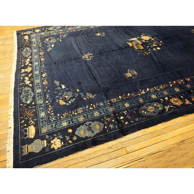 1920s Antique Navy Blue Vase Floral Deco Antique Chinese Peking Knotted Rug For Sale In New York - Image 6 of 9
