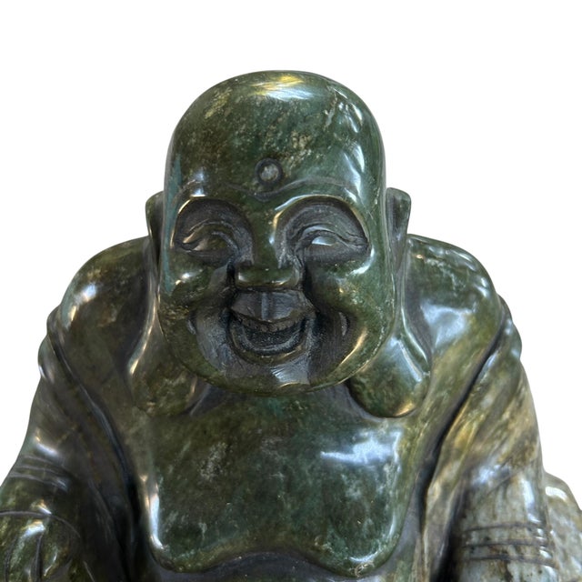 Chinese Large Mid 20th Century Hand Carved Solid Nephrite Jade Happy Buddha With Stand For Sale - Image 3 of 10