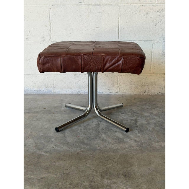Square Patchwork Brown Leather Ottoman With Chrome Base Vintage Mid-Century Modern 1970s For Sale - Image 9 of 10