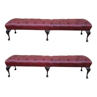 Antique Chippendale Style Carved Tufted Benches Newly Reupholstered in Burgundy Leather- Pair For Sale