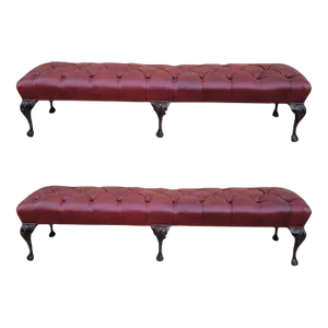 Antique Chippendale Style Carved Tufted Benches Newly Reupholstered in Burgundy Leather- Pair