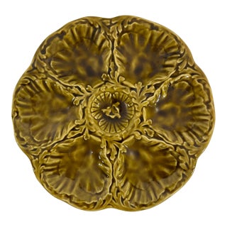 1950s French Gien Majolica Olive Green Oyster Plate For Sale