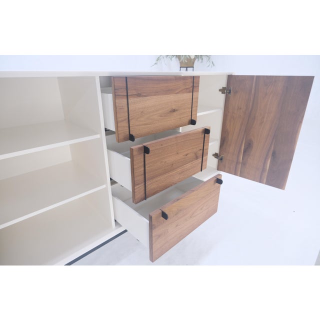 White Lacquer & Walnut 3 Drawer Two Compartments Credenza Mid Century MINT For Sale - Image 10 of 11