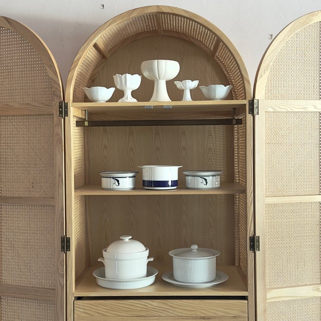 Tan Boho-Chic Arched Natural Rattan & Solid Wood Double-Door Wardrobe Armoire For Sale - Image 8 of 18