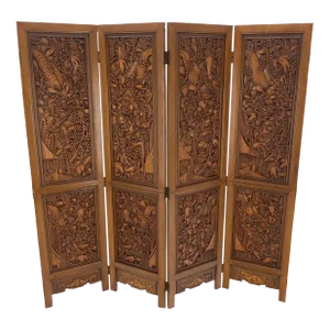 4 Panels Carved Teak Fine Details Room Divider Screen Heavy Brass Hinges