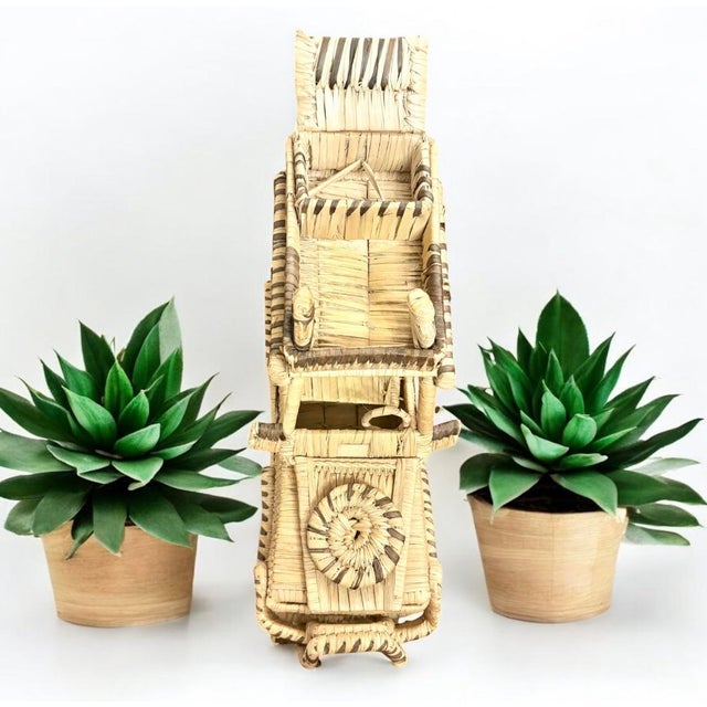 Folk Art Large Vintage Rattan Jeep Handmade Rare Land Rover Car & Tailor Detail Woven Decor For Sale - Image 3 of 12