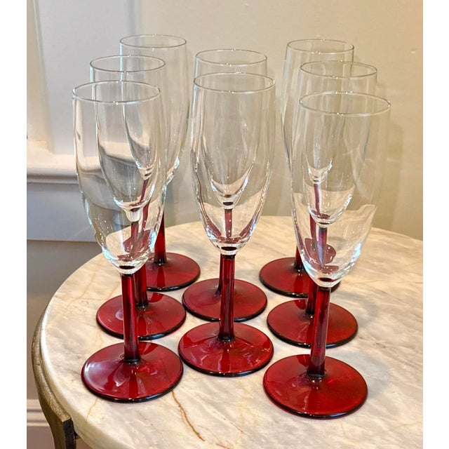 Ruby Red Stemmed Champagne Flutes - Set of 8 For Sale - Image 9 of 10