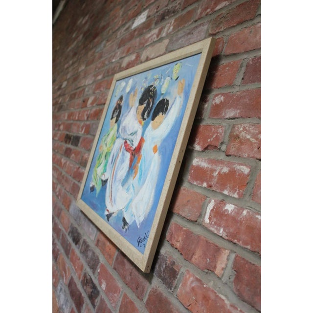 Japanese Dancing Geishas Oil on Canvas Signed Gudi For Sale - Image 4 of 12