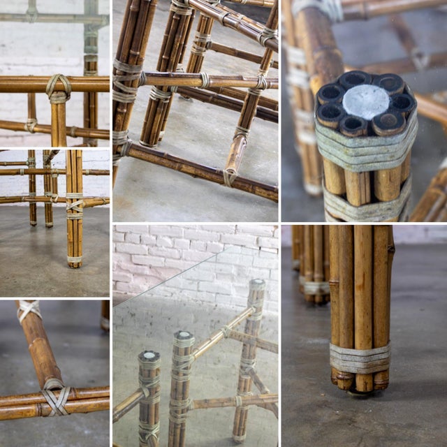 Late 20th Century Campaign Style Double Pedestal Dining Table by McGuire Bamboo Bases & Glass Top For Sale - Image 15 of 18