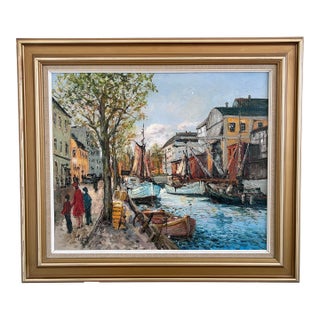 Vintage Original Oil Painting of a Canal Cityscape, Circa 1970s - Signed For Sale