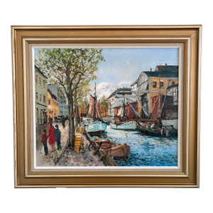 Vintage Original Oil Painting of a Canal Cityscape, Circa 1970s - Signed