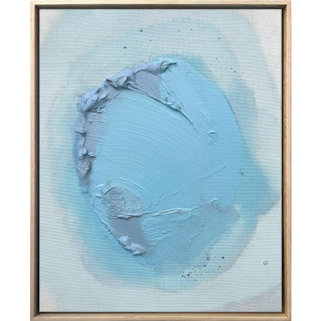"Raku No01" Dimensional Texture Abstract Painting in Atmospheric Sky Blue and Periwinkle, Framed For Sale