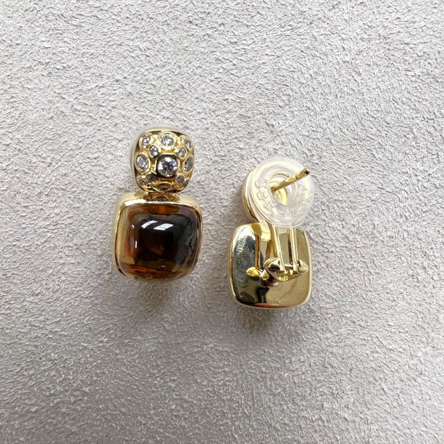 Syna Yellow Gold Sugarloaf Earrings with Citrine and Diamonds, a Pair For Sale - Image 4 of 5
