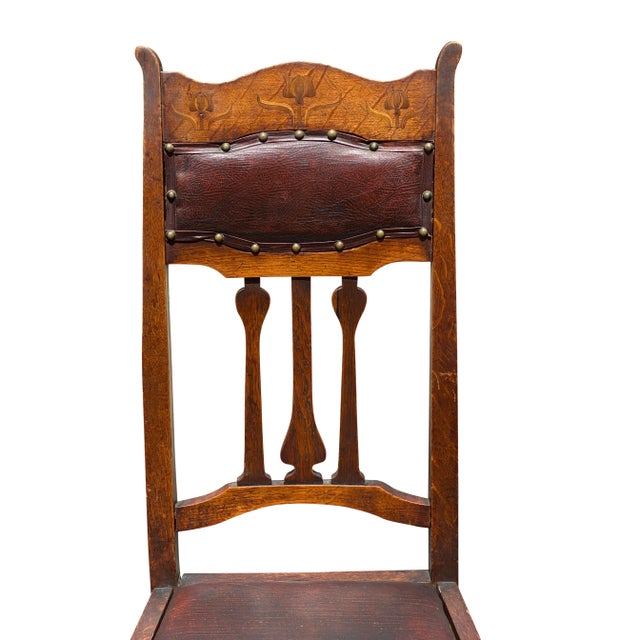 Wood Set of 6 Early 20th Century Arts & Crafts Mission Oak Dining Chairs With Tulip Inlaid Crest Rails For Sale - Image 7 of 12