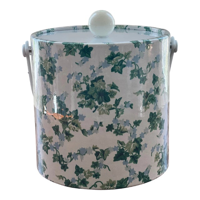 1990s Kraftware Green and Blue Ivy Patterned Fabric Covered Ice Bucket For Sale
