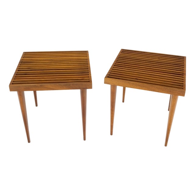 Pair Square Mel Smilow Slatted Solid Walnut Modern Benches Side Tables MINT! For Sale