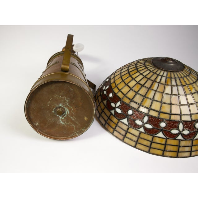 Arts and Crafts Copper and Brass Vase Table Lamp With Leaded Glass Shade, Attributed Stickley Brothers, Circa 1903 For Sale - Image 9 of 9