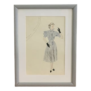 Berthe Duquaine, Robe Ecossaise, 1950s, Pencil Sketch on Paper, Framed For Sale