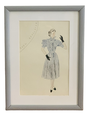 Berthe Duquaine, Robe Ecossaise, 1950s, Pencil Sketch on Paper, Framed