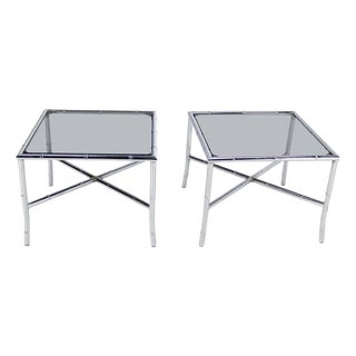 Pair of Chrome Faux Bamboo X Base End Tables with Smoked Glass Tops Mid Century For Sale