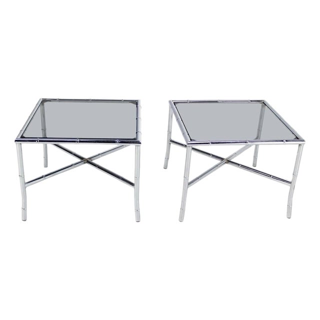 Pair of Chrome Faux Bamboo X Base End Tables with Smoked Glass Tops Mid Century For Sale