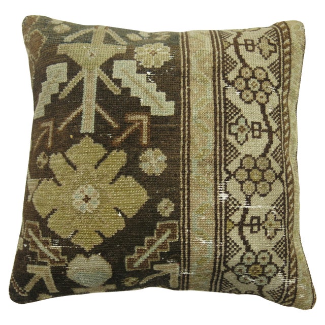 Pillow made from an antique Persian Malayer rug in browns and green. 16'' x 16''
