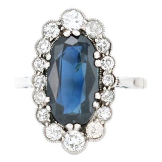 1920s Belle époque Ring, Platinum, Natural Sapphire 1,60 Ct and Diamonds, Size 6.5 For Sale