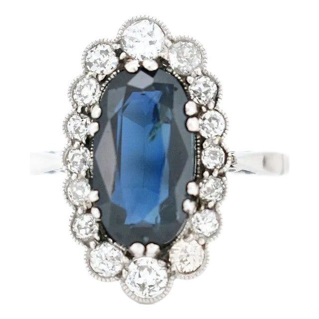 1920s Belle époque Ring, Platinum, Natural Sapphire 1,60 Ct and Diamonds, Size 6.5 For Sale