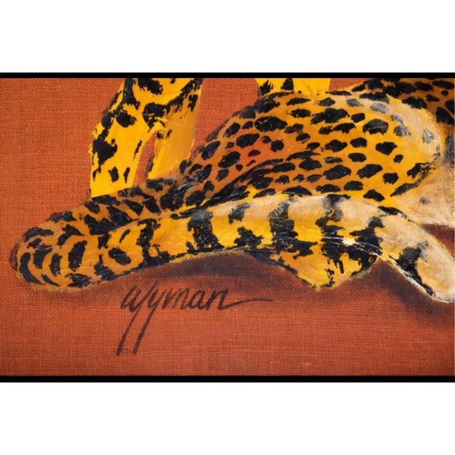 1970s 1970s Hollywood Regency Cheetahs and Roman Helmet Oil on Burlap, Signed Wyman For Sale - Image 5 of 9