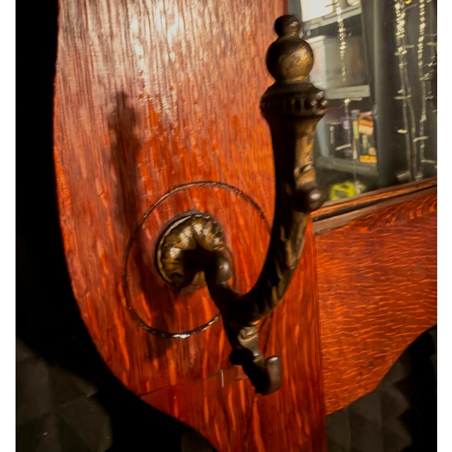 Wood Antique Quarter-Sawn Oak Hall Tree With Mirror, Brass Hooks & Storage Bench For Sale - Image 7 of 9