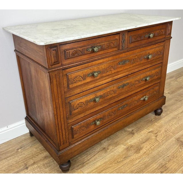 Chest of Drawers Antique French Walnut Marble Top Five Drawer Cabinet Lot 6449 For Sale - Image 3 of 18