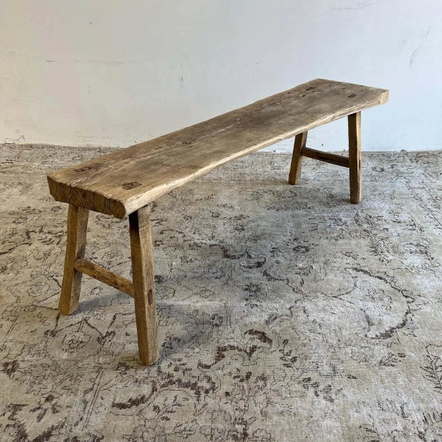 Mid-Century Modern Vintage Natural Elm Wood Bench With Natural Curve 58" For Sale - Image 3 of 9