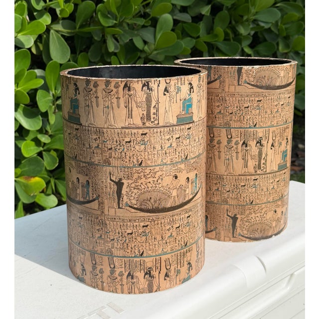 Mid-Century Modern Vintage Egyptian Revival Paper-Covered Wastebaskets | Pair For Sale - Image 3 of 12
