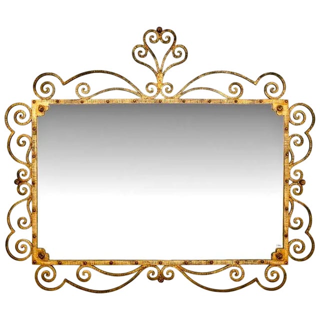 Large Italian Gilt Metal Horizontal Mirror with Elaborate Scroll Work For Sale