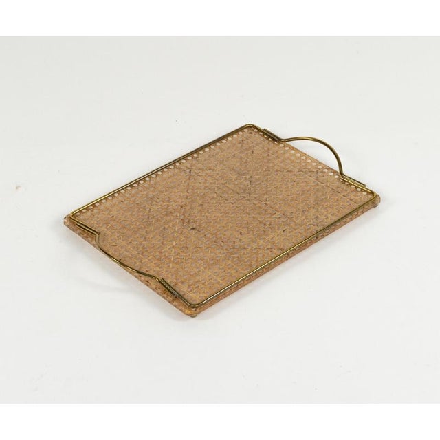 Christian Dior Mid-Century Acrylic Glass, Rattan and Brass Serving Tray in the style of Christian Dior, Italy, 1970s For Sale - Image 4 of 13