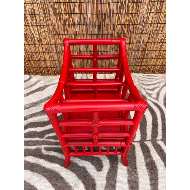 Vintage Hollywood Regency Newly Painted Red Bamboo Magazine Rack For Sale - Image 6 of 9