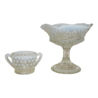 Vintage Fenton White Opalescent Glass Pedestal Compote and Hobnail Sugar Bowl - Set of 2 For Sale