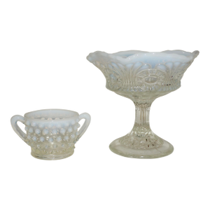 Vintage Fenton White Opalescent Glass Pedestal Compote and Hobnail Sugar Bowl - Set of 2