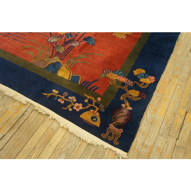 1920s Red Rustic Swan Floral Antique Chinese Art Deco Carpet 9' X 11'10" Knotted Wool Rug For Sale - Image 10 of 12