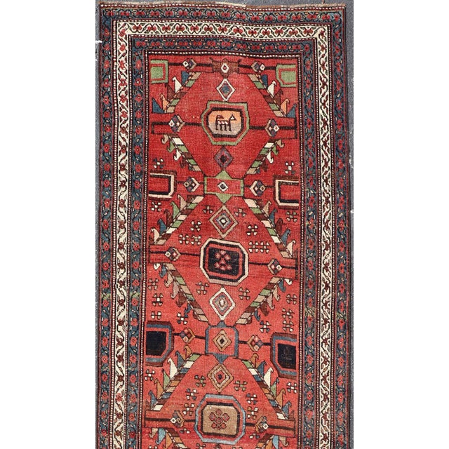 Tribal Kurdish Antique Runner in Vibrant Red Background and Multi-Tiered Border 3'3 X 14'1 For Sale - Image 3 of 12